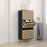 Cumpara ieftin Pantofar, negru, 52x25x115 cm, lemn prelucrat și ratan natural