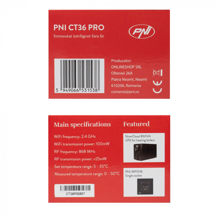 Termostat inteligent PNI CT36 PRO fara fir, WiFi 2.4GHz, control prin Internet APP TuyaSmart, regim iarna-vara, pentru centrale termice