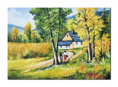 Tablou peisaj pictat manual, Pe meleaguri mioritice, 70x50cm pictura ulei pe panza Constantin Feraru foto
