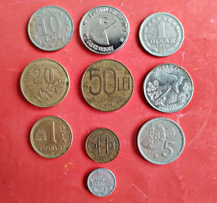 Lot 10 monede straine, romanesti și jetoane, circulate conform foto L18 Quarter dollar 2008 P Oklahoma 1907 Game Tohen Jeton 5 peseta Iugoslavia