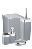 Set accesorii baie, 5 piese, dozator sapun, suport sapun si periuta dinti, perie WC, gri