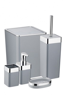 Set accesorii baie, 5 piese, dozator sapun, suport sapun si periuta dinti, perie WC, gri foto