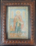 NI1128 Sf&acirc;ntul Antonie cel Mare, icoană de perete litografiată, &icirc;n ramă din carton ambutisat, cu sticlă, perioada interbelică