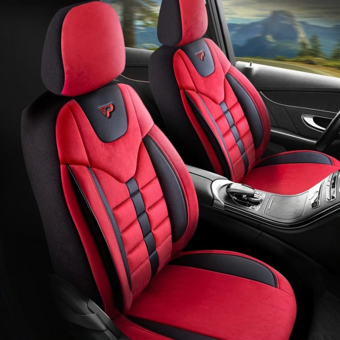 Set Huse Scaune Auto Panda Toronto, Suede, cu fermoare pentru bancheta rabatabila, rosu negru, 11 piese