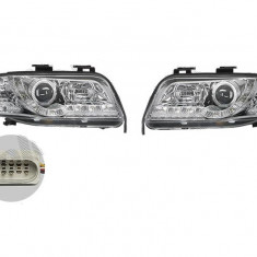 Set faruri tuning AUDI A6 (C5), 06.2001-01.2005, Taiwan, partea stanga+dreapta, pozitie pe LED;tip bec H1+H1; manual; transparent, argintiu;