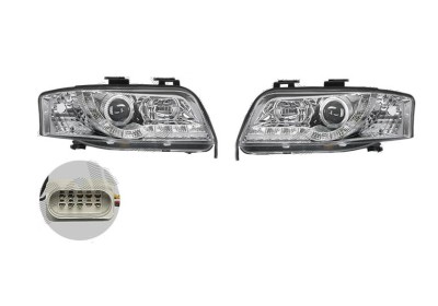 Set faruri tuning AUDI A6 (C5), 06.2001-01.2005, Taiwan, partea stanga+dreapta, pozitie pe LED;tip bec H1+H1; manual; transparent, argintiu; foto