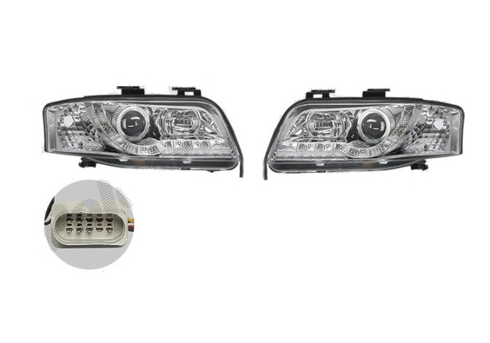 Set faruri tuning AUDI A6 (C5), 06.2001-01.2005, Taiwan, partea stanga+dreapta, pozitie pe LED;tip bec H1+H1; manual; transparent, argintiu;