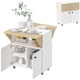 HOMCOM Masa de Dining Pliabilă cu Dulap pe Role, două părți pliabile ale mesei, Dulap, 4 Roți, Alb+Lemn natural, 70 x 83 x 75 cm | Aosom Romania