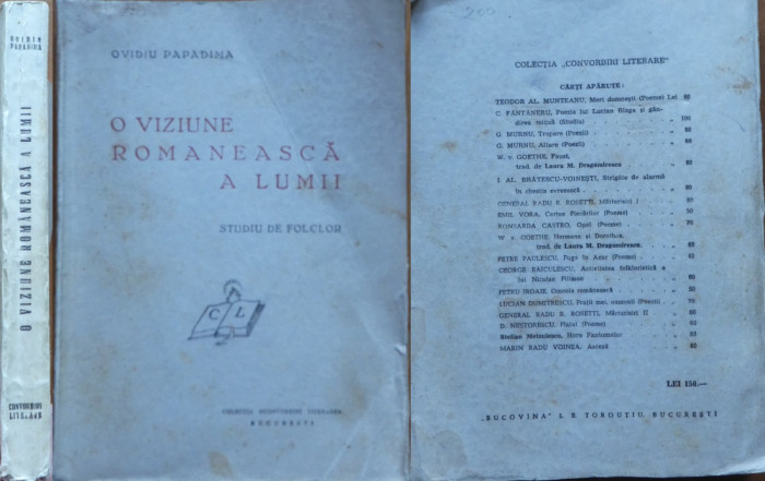 Papadima , O viziune romaneasca asupra lumii, 1941, autograf catre Iulian Vesper