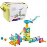 Set inteligent de constructie magnetic cu 64 piese colorate, joc educativ si creativ, numeroase posibilitati de construit, baieti si fete, cutie depoz