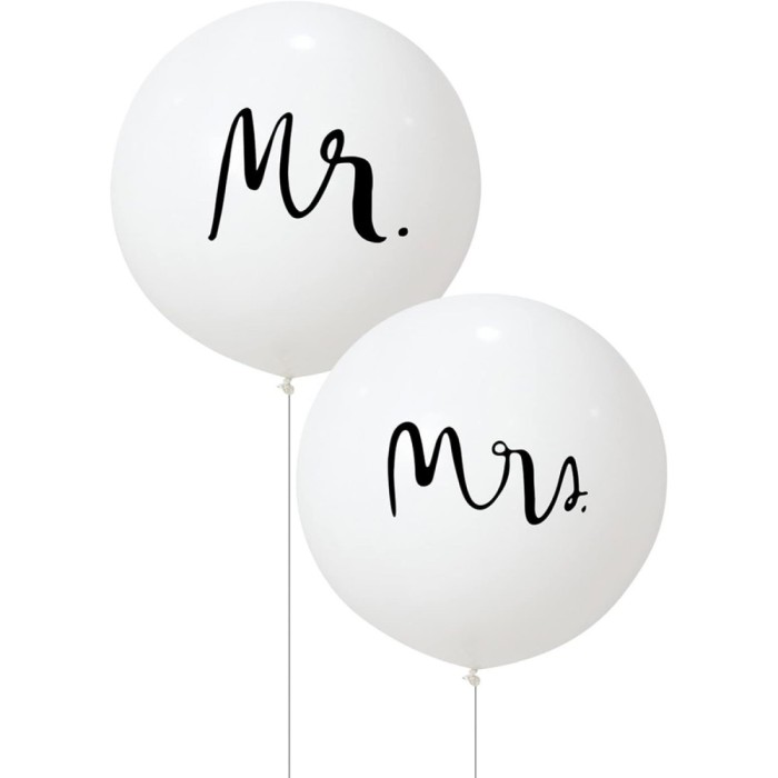Set 2 baloane din latex, flippy, tip jumbo, model mr si mrs, tema nunta, 45 cm, alb