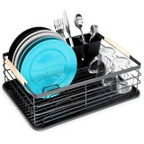 Scurgator vase chiuveta cu protectii cauciuc, manere bambus, tub de scurgere, negru, vintage, 42x31x14cm