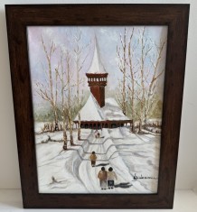 Pictura Noua, Tablou Superb -Duminica De Iarna -Ulei In Pensula Si Cutit, Inramat, Pictor Roman Consacrat