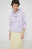 Tommy Jeans hanorac de bumbac femei, culoarea violet, cu glugă, imprimeu DW0DW17326