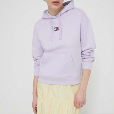 Tommy Jeans hanorac de bumbac femei, culoarea violet, cu glugă, imprimeu DW0DW17326