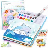 Cumpara ieftin Carte de colorat cu acuarele pentru copii, 12 culori, pensula, 20 foi carton, model balena, 15.7 x 18.8 x 1.8 cm