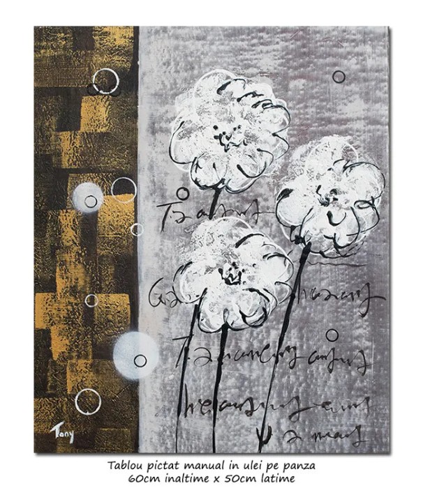 Tablou modern pictat manual, Margarete stilizate, 60x50cm ulei pe panza, gata de agatat pe perete