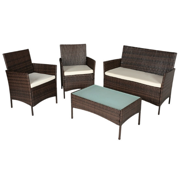 Set mobilier gradina, structura metalica, 4 piese, fotolii, canapea, masuta, model ratan, culoare maro