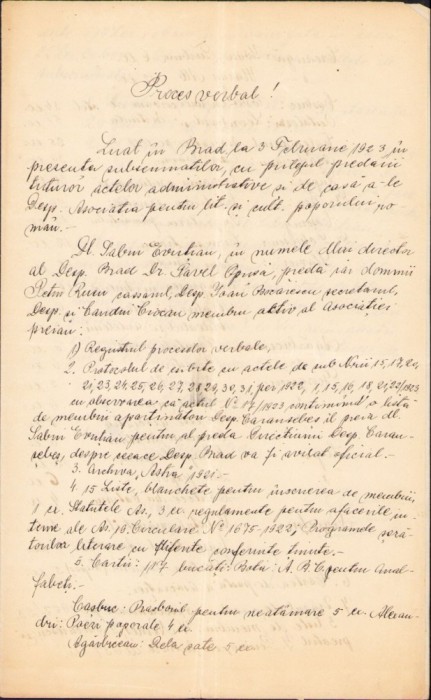 A1796 Act scris și semnat olograf de Sabin Evuțian la Brad, județul Hunedoara, 1923