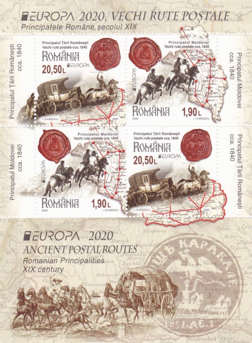 EUROPA 2020,VECHI RUTE POSTALE,BLOC MODEL I,2020,MNH.ROMANIA.