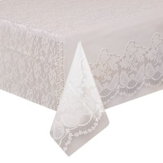 Față de Masă Plastic, Model Dantelă Albă, Dimensiuni 137x274 cm, Transparentă