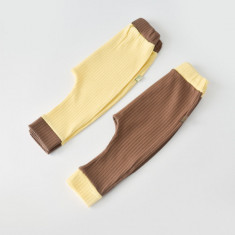 Set 2 pantaloni Ribana Bebe Unisex din bumbac organic si 5%elastan - Vanilie/Maro BabyCosy (Marime: 18-24 Luni)