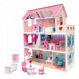 Casa de papusi din lemn, mini mobilier inclus, iluminat cu LED, roz