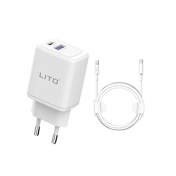 Incarcator priza lito tip-c pd20w, usb-a 18w, fast charging cu cablu usb-c la lightning, 1m, alb