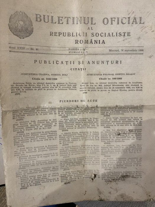 Buletinul oficial al Republicii Socialiste Romania 14 septembrie 1989