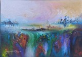 Pictură originală ulei pe p&acirc;nză &bdquo;Malul cu pădure &icirc;n ceața dimineții&rdquo; 60x42 cm. Certificat cu semnătura și ștampila artistului