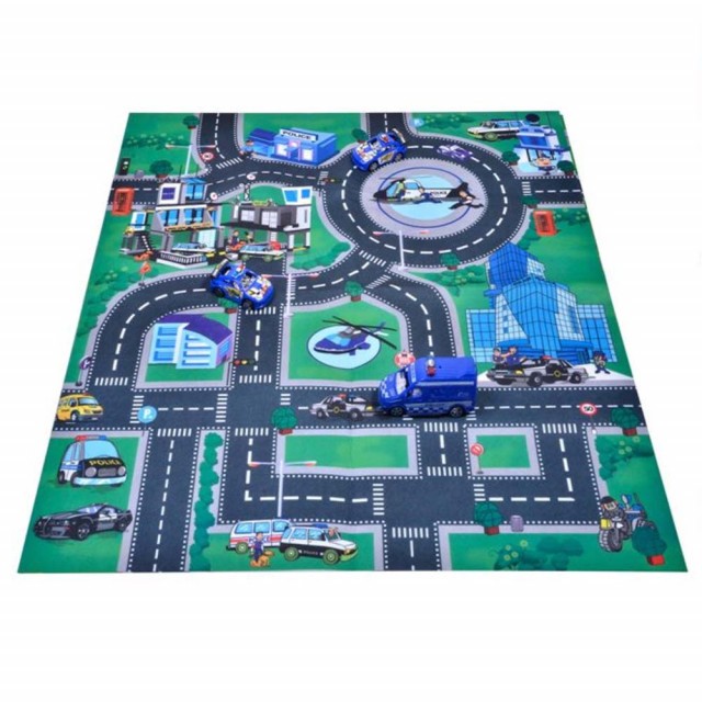 Covor de jucarie pentru copii, traseu cu 4 masini de politie si elicopter, 80x70 cm - 019A2B