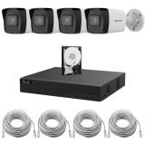 Sistem supraveghere video IP Hikvision 4 camere 4MP pentru casa si curte,IR 30m,Lentila 2.8mm,NVR HiLook 4 canale PoE,HDD,Vizualizare de pe telefon