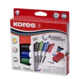 Set 4 Markere Whiteboard Kores, Varf 3mm, Burete Magnetic Inclus, Negru, Verde, Albastru, Rosu