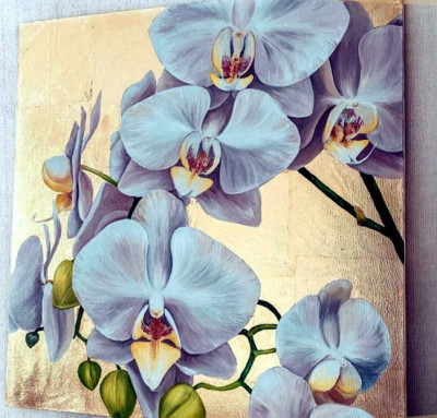 Pictori Romani Tablou abstract U/P Pictura orhidee mov, picturi flori 100x100cm foto