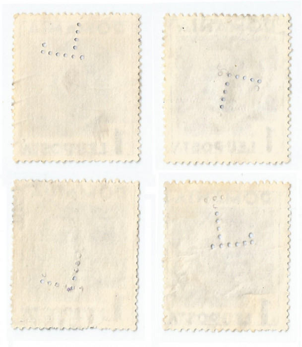 *Romania, lot 3 cu 4 timbre perforate identice cu perforatii in pozitii diferite