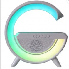 Boxa multifunctionala 3-in-1, incarcator telefon wireless, lampa LED, lumina ambientala RGB care schimba culoare, difuzor Bluetooth, alb