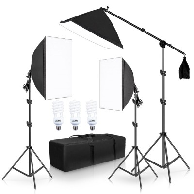 Set de lumini pentru studio 3 soft box + 3 suporti + accesorii Andoer Bec 45W foto