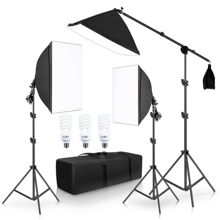 Kit 3 softbox cu 3x becuri LED 50W, macara si geanta transport incluse, Negru