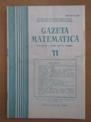 Revista Gazeta Matematica. Anul LXXXIX, nr. 11 / 1984 foto