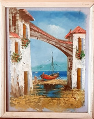 Tablou vechi scola italiana peisaj marin panaza pictata cu ulei foto