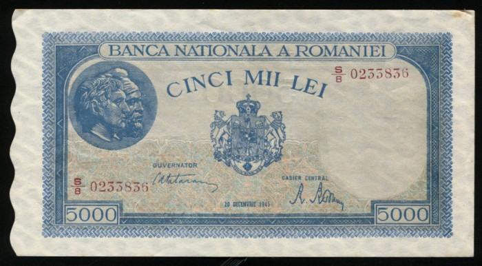 y031 BANCNOTA 5000 LEI DECEMBRIE 1945 filigran BNR vertical APROAPE NECIRCULATA aUNC