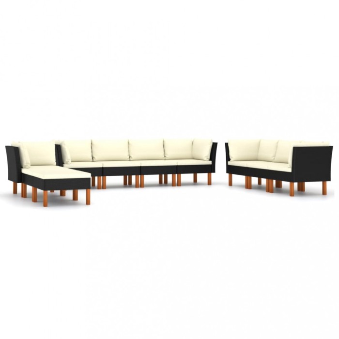 Set mobilier de gradina cu perne, 10 piese, negru, poliratan