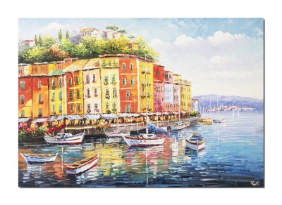 Tablou Portofino pictat manual living, dormitor, Colt de rai, 100x70cm ulei pe panza in cutit efect 3D, Valentin Pop foto