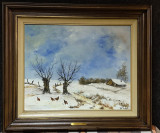 Ulei pe p&acirc;nză o lucrare foarte veche de o foarte buna calitate peisaj de Iarna, Natura, Realism