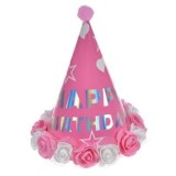 Coif de Petrecere Roz cu Trandafiri Albi și Roz, Irizat Happy Birthday, Pompon, 21 cm, CMCLASS