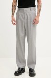 HUGO pantaloni din amestec de in barbati, culoarea gri, drept, 50538144