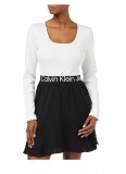 Cumpara ieftin Rochie dama Calvin Klein Fit Flare, cu maneca lunga, alb negru, S - OUTLET