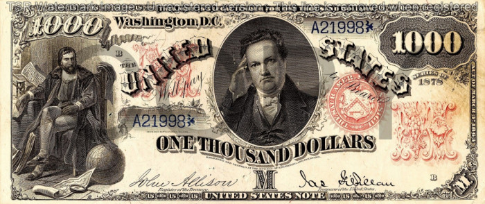 1000 dolari 1878 Reproducere Bancnota USD , Dimensiune reala 1:1