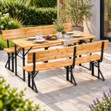 Set mobilier pliabil pentru gradina si evenimente,3 piese,masa si 2 banci cu spatar pentru confort sporit,lemn de pin impregnat si lacuit,cadru di