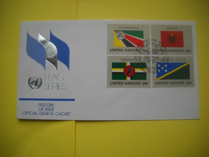 HOPCT PLIC FDC S NR 176 UNICEF ONU NATIUNILE UNITE-NEW YORK 1982 SUA-DRAPEL MOZAMBIC/ALBANIA/DOMINICANA/INSULELE SOLOMON